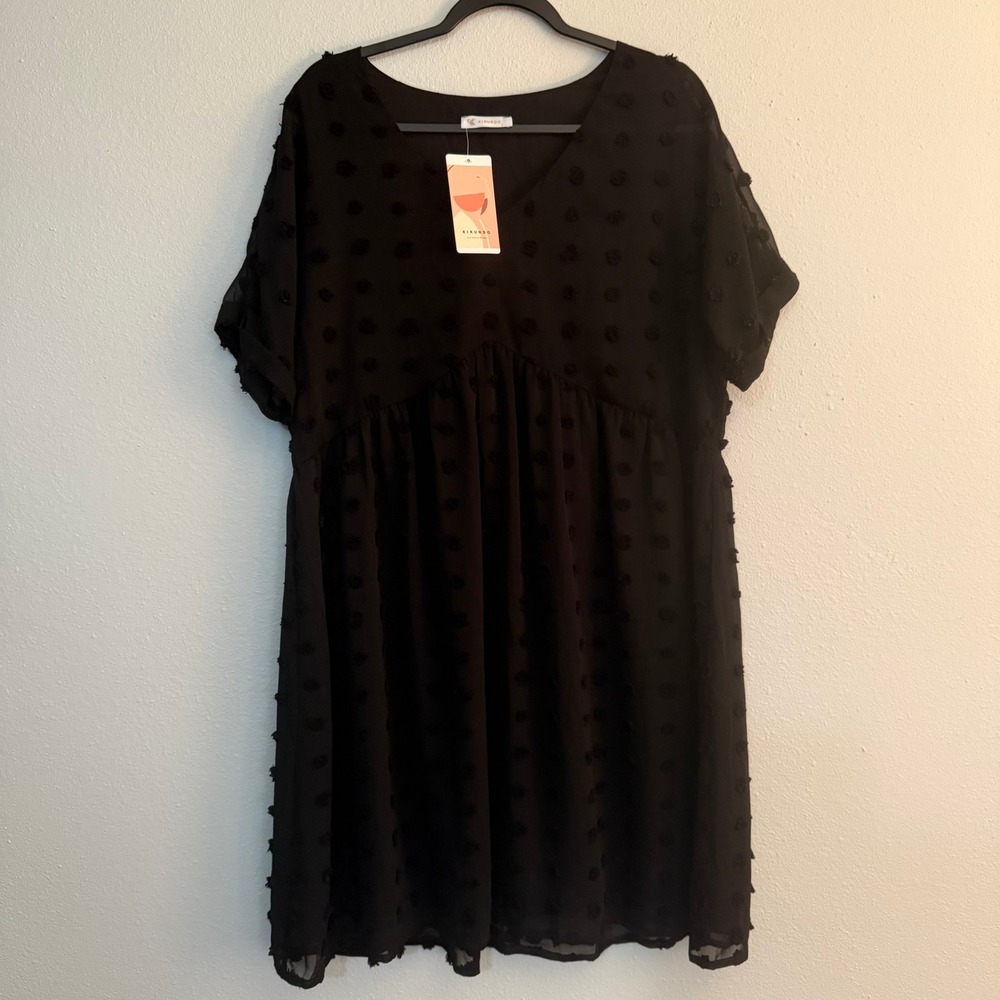 KIRUNDO Black Swiss Dot V Neck Babydoll Mini Dress Size L